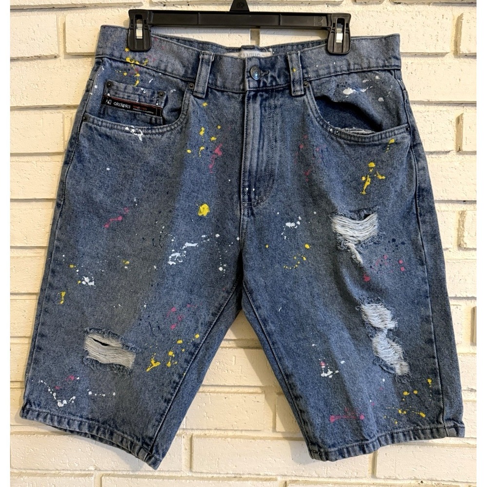 Jeanius Akademiks Denim Shorts Mens 32 Paint Splatter Distressed Streetwear Y2K
